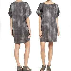 Eileen Fisher Hazy Print Silk Shift Dress Kimono Sleeves Size XS Bateau Neck